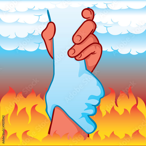 Hands Illustration leaning holding between heaven and hell, coexisting differences
