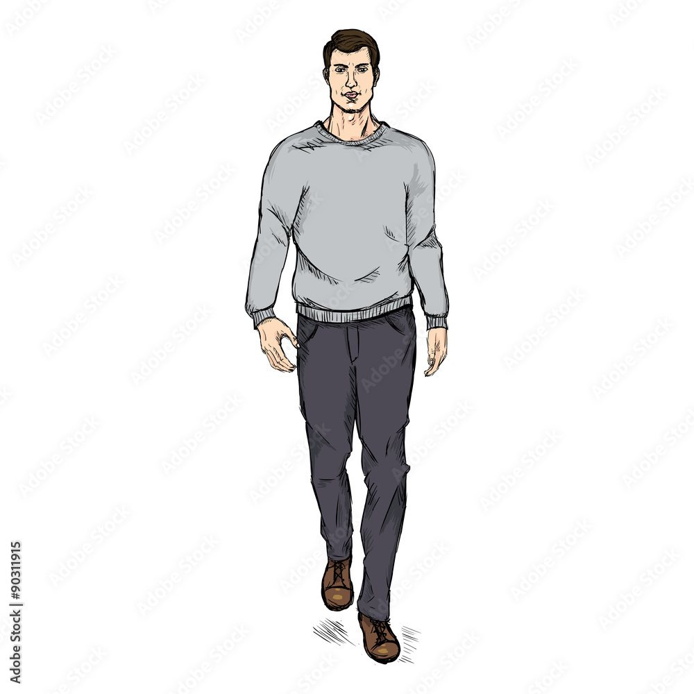Vector Sketch Fashion Male Model in Trousers and Gray Sweatshirt Vector Sketch Fashion Male Model in Trousers and Gray Sweatshirt