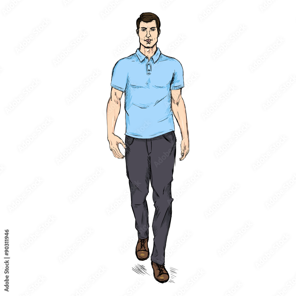 Vector Sketch Fashion Male Model in Trousers and Polo Shirt Vector Sketch Fashion Male Model in Trousers and Polo Shirt