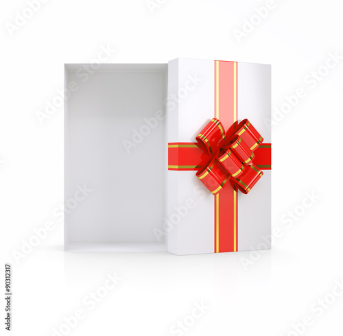 Gift box with ribbon on white, top view