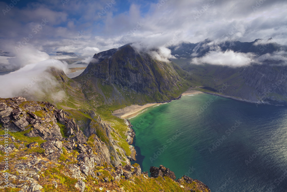 Norway. Image of Kvalvika Beach taken from Mt. Ryten, located at Lofoten Islands. Norway. Image of Kvalvika Beach taken from Mt. Ryten, located at Lofoten Islands.