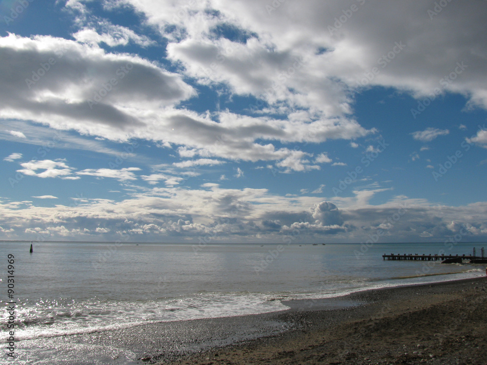 Deserted beach morning and sea cumulus clouds