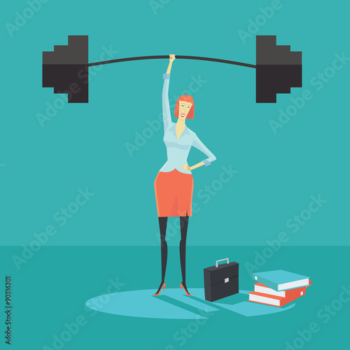 Businesswoman holding a barbell with one hand, the concept of achievements in business-vector illustration.