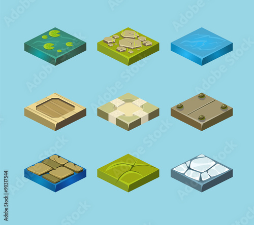 Set of ground surfaces. Grass, rocks and water. Landscape web