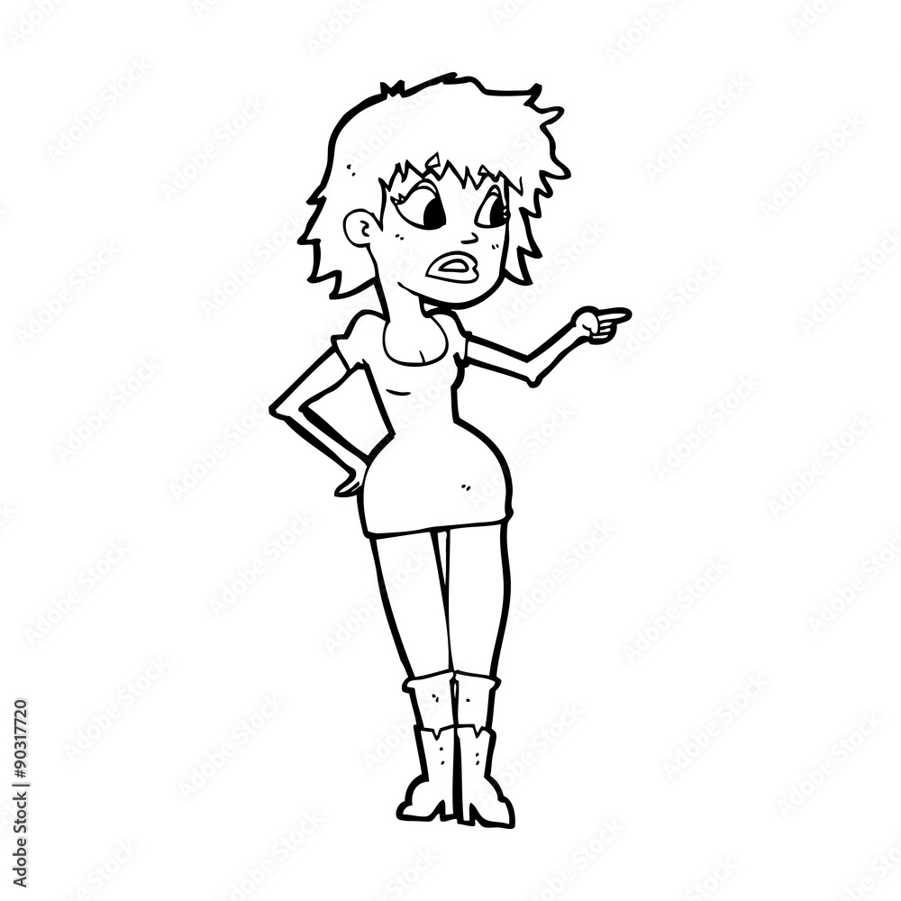 cartoon worried woman in dress pointing cartoon worried woman in dress pointing
