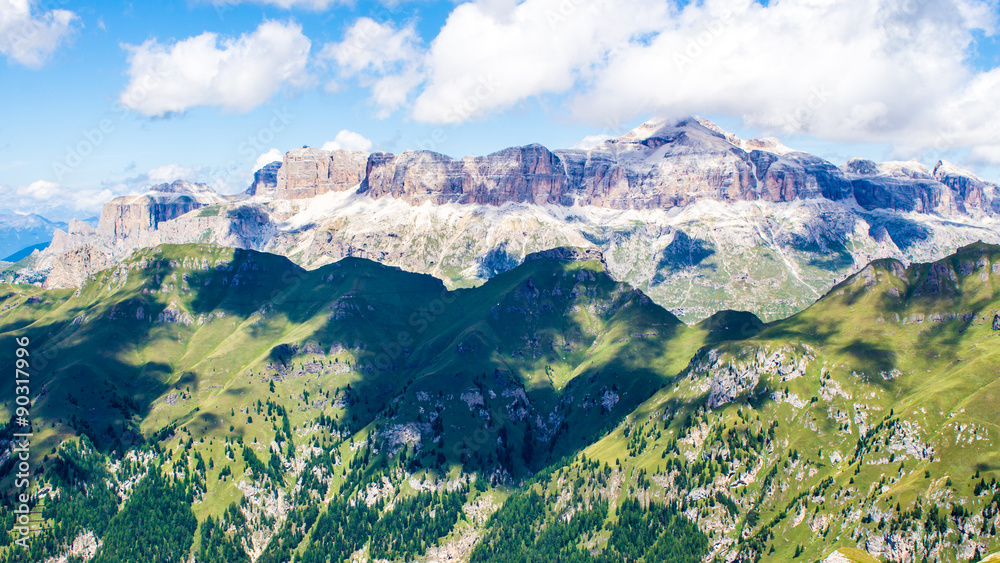 panoramic view of the Sella group, a massif in the Dolomites mou
