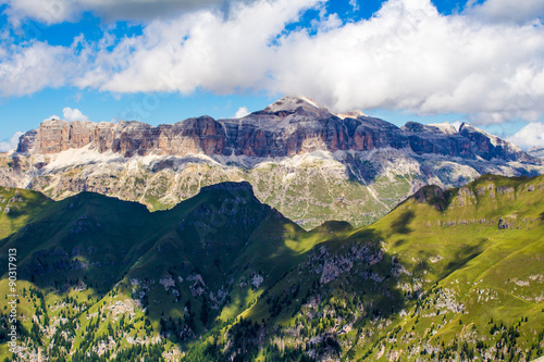 panoramic view of the Sella group, a massif in the Dolomites mou