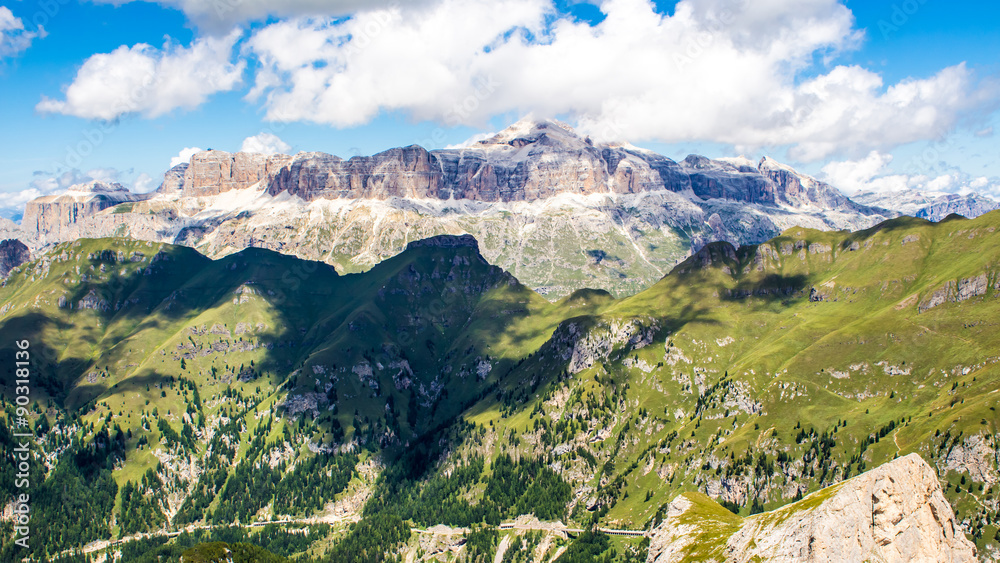 panoramic view of the Sella group, a massif in the Dolomites mou
