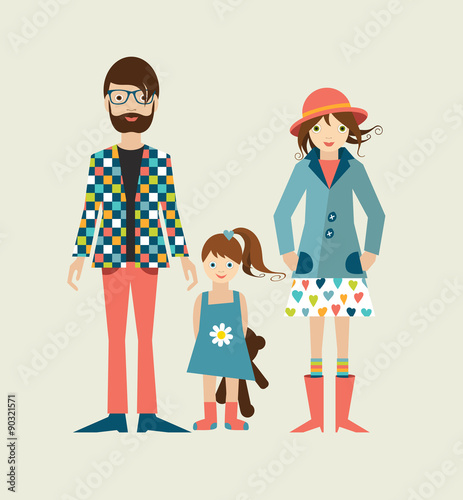 Young hipster family with daughter, little girl. Flat illustration.