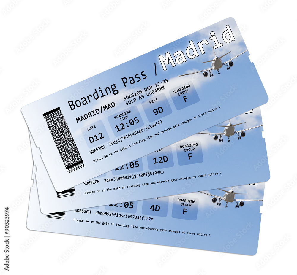 Obraz premium Airline boarding pass tickets to Madrid isolated on white
