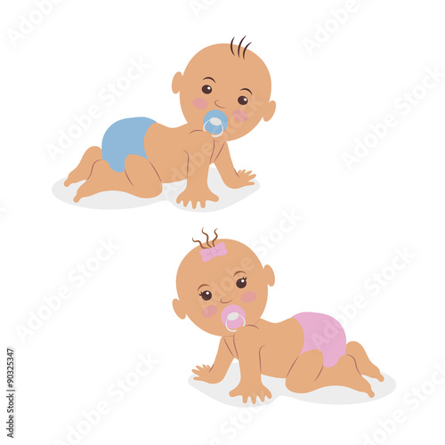 Two newborn babies crawling on all fours in diapers.