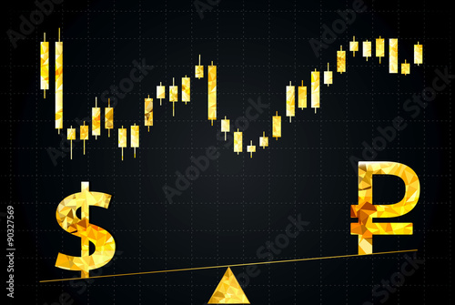 Gold symbols of dollar and ruble.In the background a stock chart.
