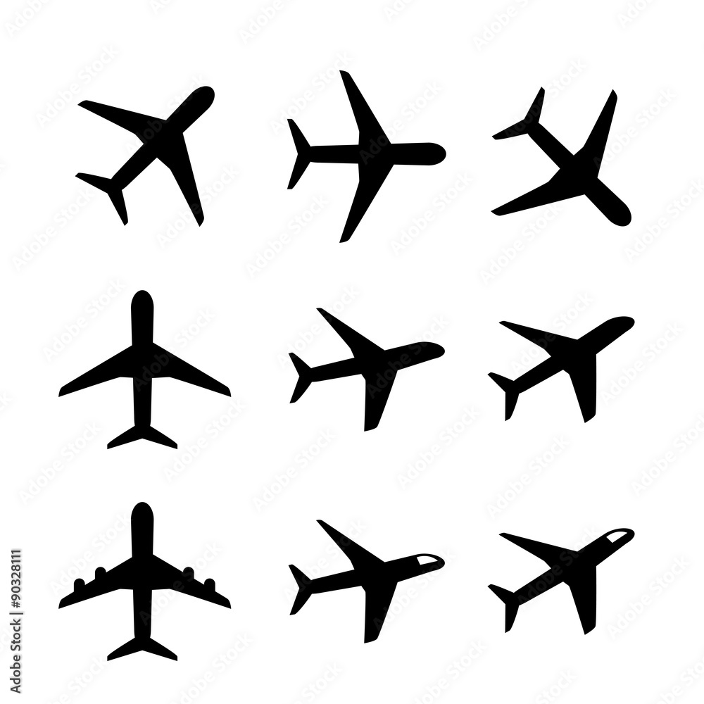 Set of airplane icon and symbol in silhouette