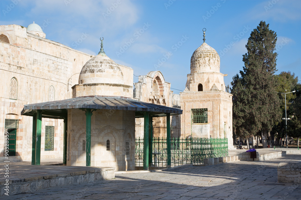 JERUSALEM, ISRAEL - MARCH 5, 2015: The west part of Temple Mount with the Qubbet Musa and Qaitbay Well.