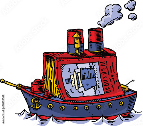 A cartoon steam ship with puffing smokestacks made out of a book about boats. 