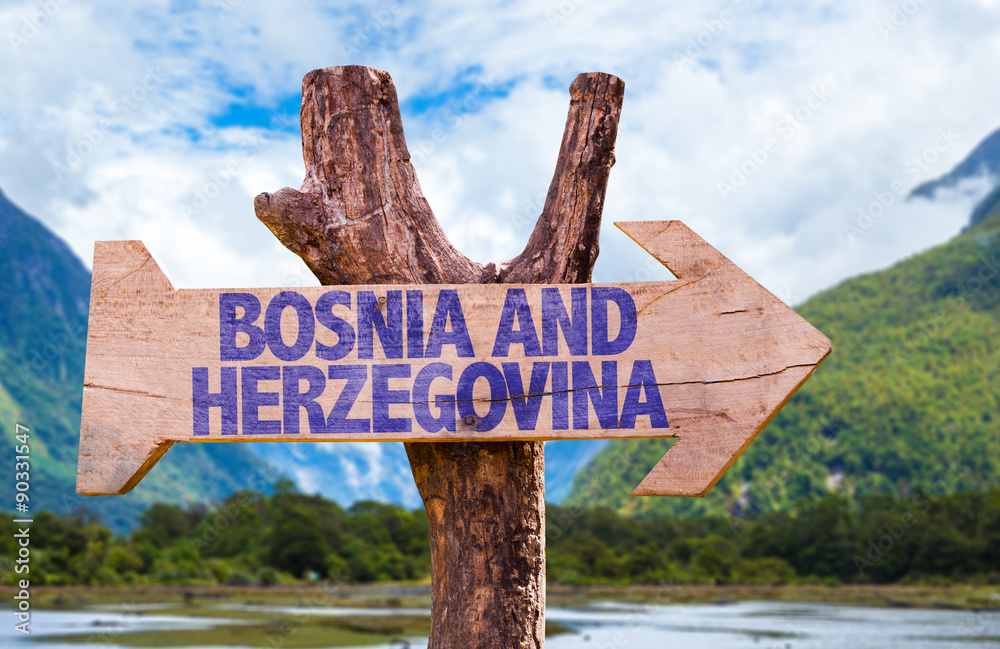 Bosnia and Herzegovina wooden sign with landscape