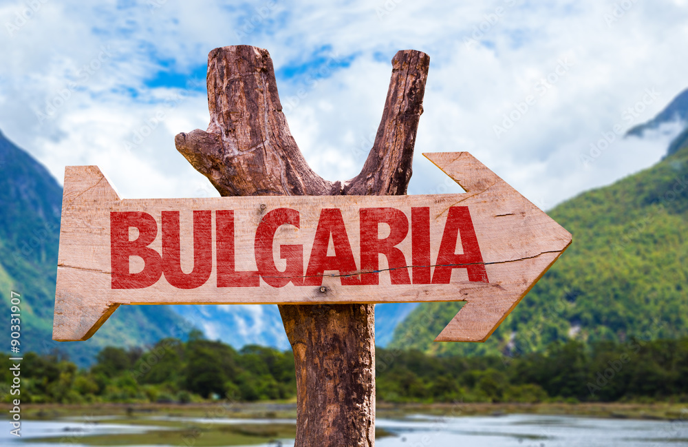 Fototapeta premium Bulgaria wooden sign with landscape on background