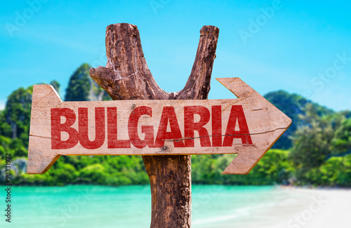 Bulgaria wooden sign with beach background