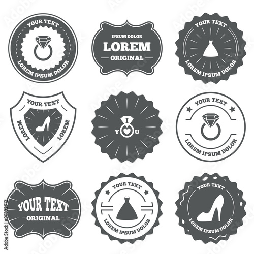 Wedding dress icon. Women's shoe symbol.