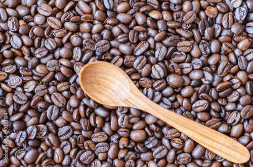  wooden spoon on coffee beans background 