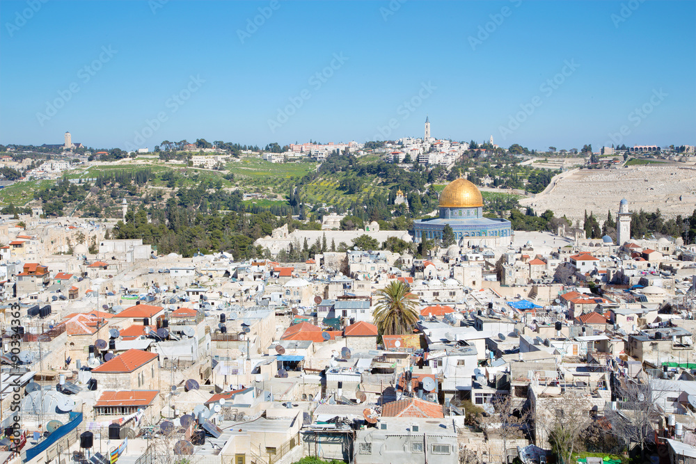 Jerusalem - Outlook over the old town to Dom of Rock and Mount of Olives.