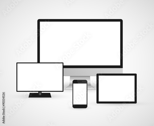 Modern technology devices computer monitor, digital tablet and mobile phone. Isolated on white background.