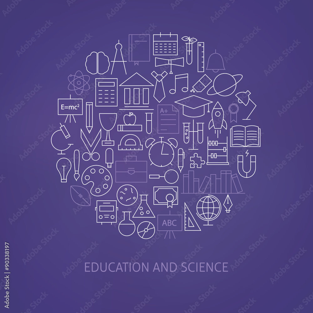 Thin Line Education Science School Icons Set Circle Shaped Conce