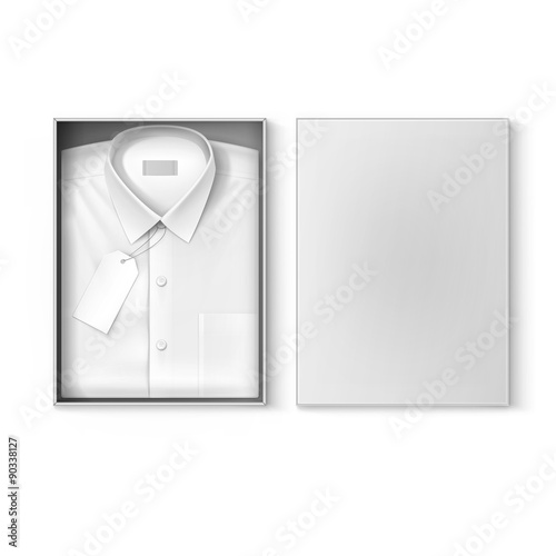 White classic men shirt with label in the packaging box