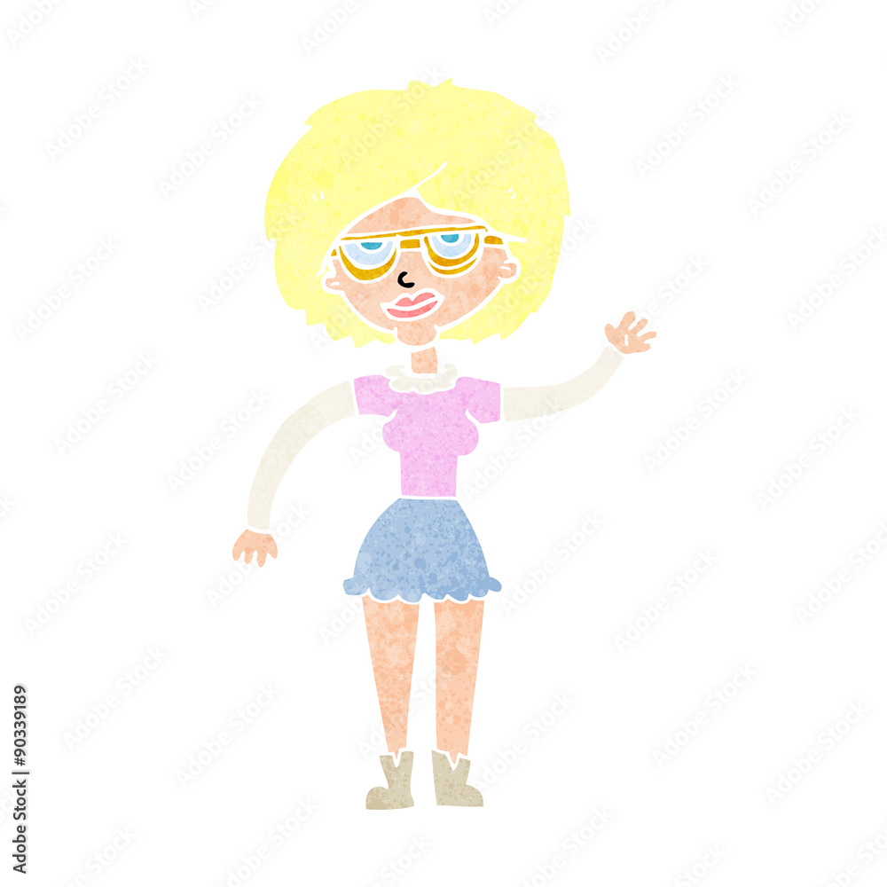 cartoon waving woman wearing spectacles cartoon waving woman wearing spectacles