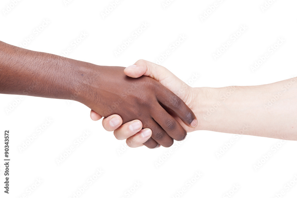 Image of a caucasian and african man shaking hands, isolated on