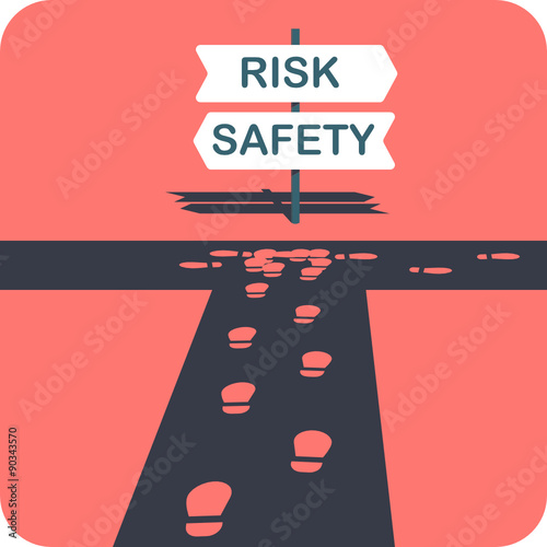 Difficult decision. Human footprints near the signpost with two directions. 'Risk' direction chosen. Making decision concept illustration.