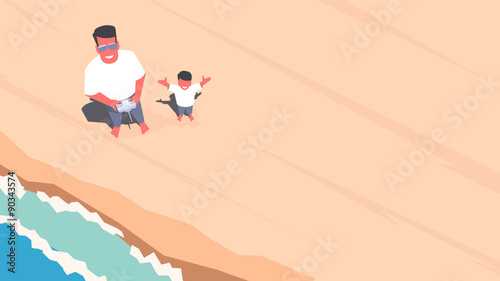 Father and son standing on the beach and taking selfie using a drone. Aerial view. Outdoor scene. Retro style illustration.
