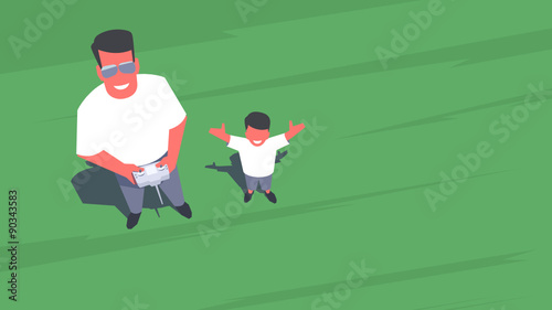 Father and son standing on the lawn and taking selfie using a drone. Aerial view. Outdoor scene. Retro style illustration.