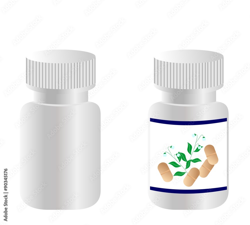 Two realistic bottles with tablets are isolated on white backgro Two realistic bottles with tablets are isolated on white backgro