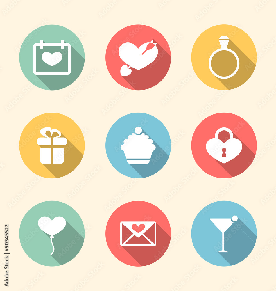 Trendy flat icons for Valentines Day, style with long shadows Trendy flat icons for Valentines Day, style with long shadows