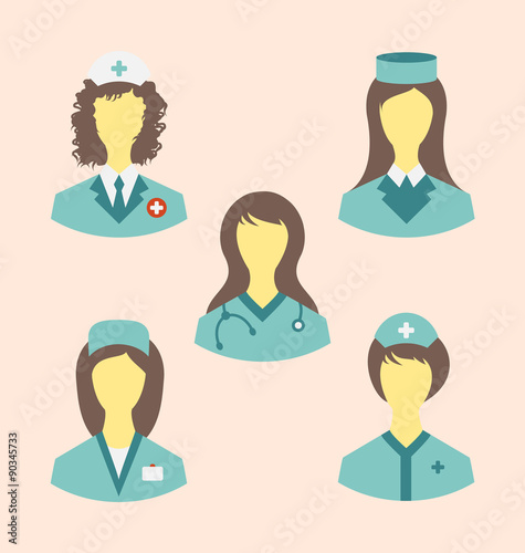 Icons set of medical nurses in modern flat design style