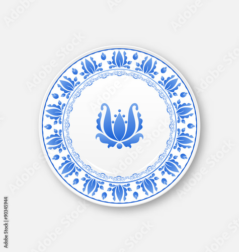 White plate with russian ornament in gzhel style