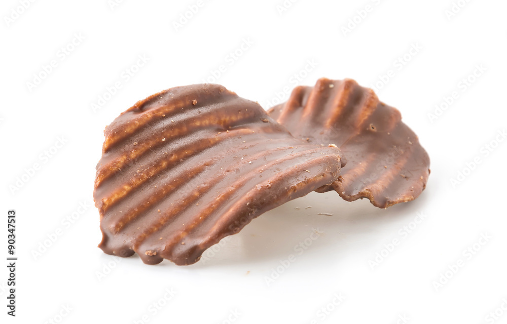 potato chip with chocolate on white potato chip with chocolate on white