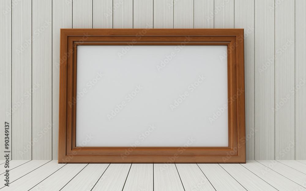 Realistic picture frame on wood background.