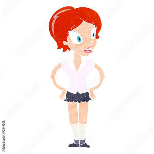 cartoon happy woman in short skirt