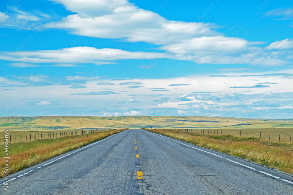 Long open road through flat lands and blue skies.