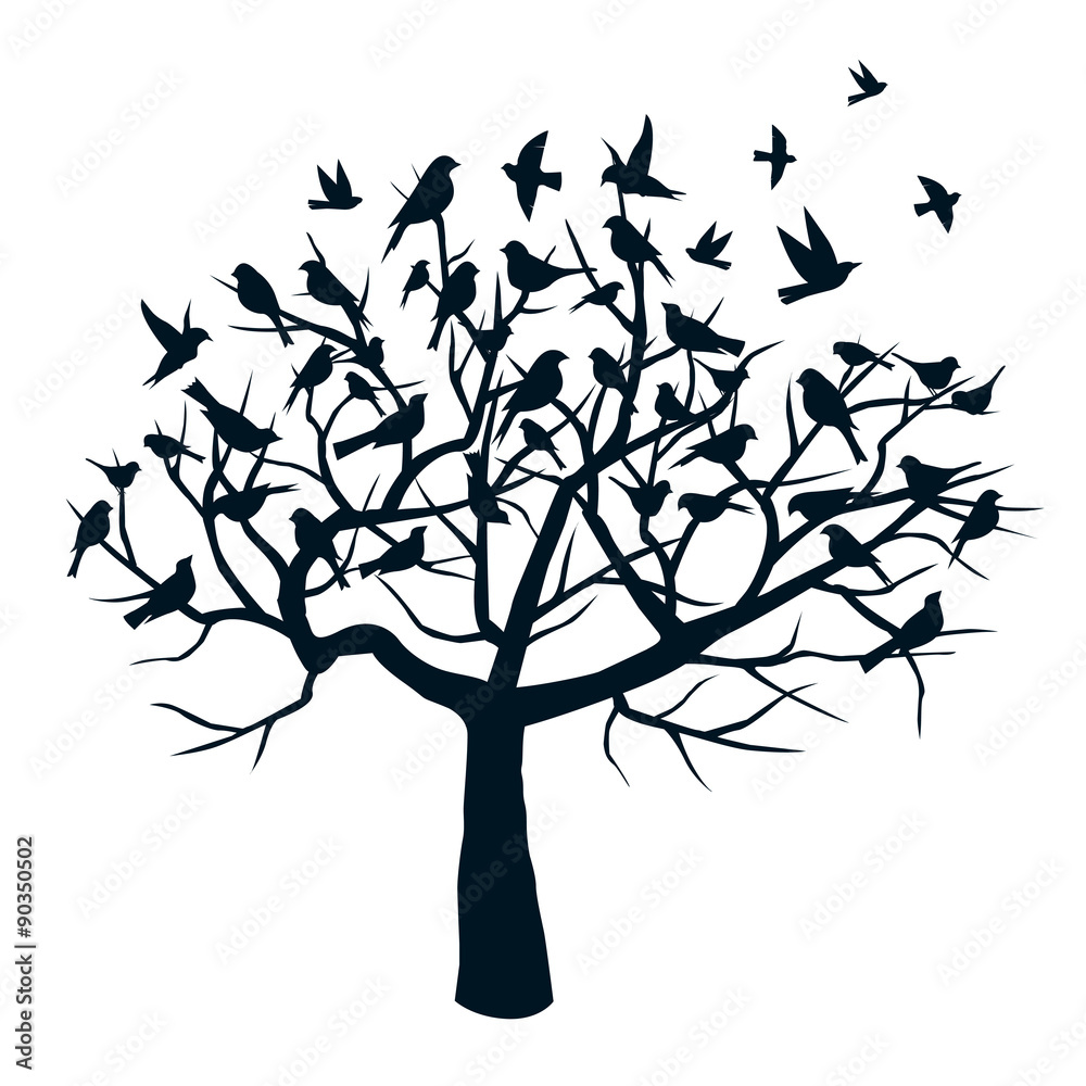 Black Tree and Black Birds. Vector Illustration.