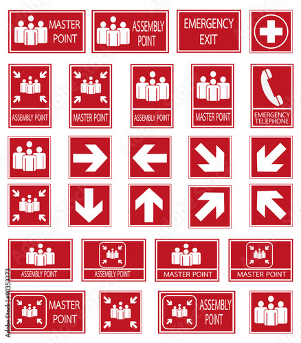 Vector emergency exit signs set on red background