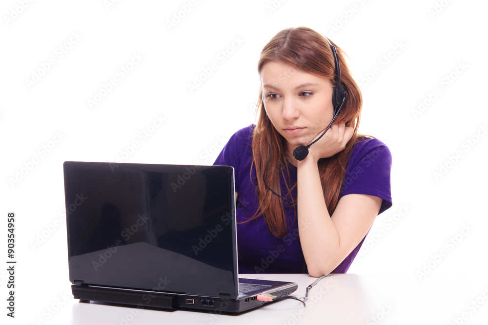 Pretty girl works at the computer Pretty girl works at the computer