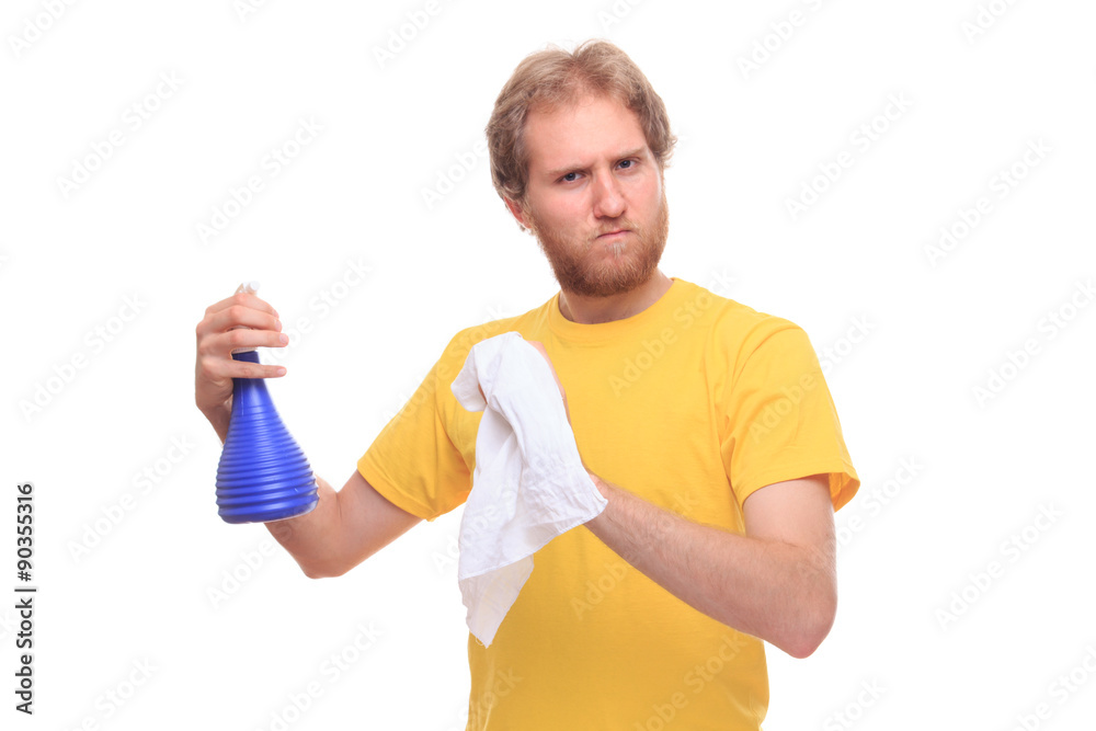 Happy bearded man washes using spray and rubber Happy bearded man washes using spray and rubber