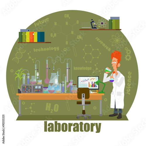 scientist conducting an experiment in the laboratory. Researcher mixes the liquid in the flask. vector illustration for your design. icon scientific theme.