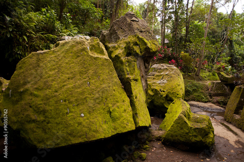 Landscape with huge mossy boulders on Pura Goa Gajah.goa gajah t