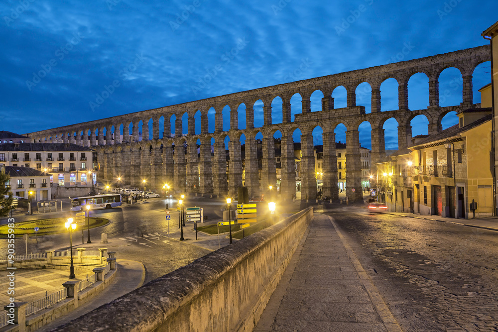 Ancient Roman aqueduct on Plaza del Azoguejo square in Segovia,