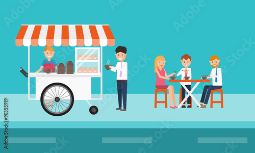  business people eating  fast food on  street