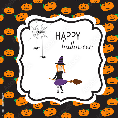 Happy Halloween background with cute little witch  vector. illus